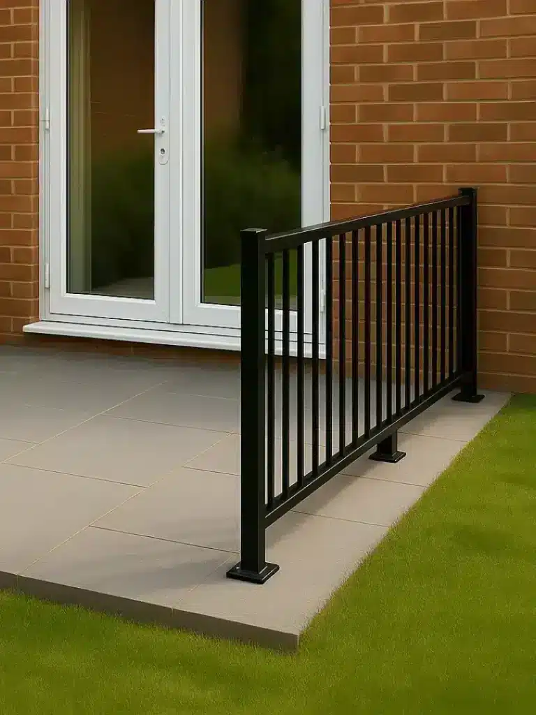 a section of metal railing on a patio in the garden of a house