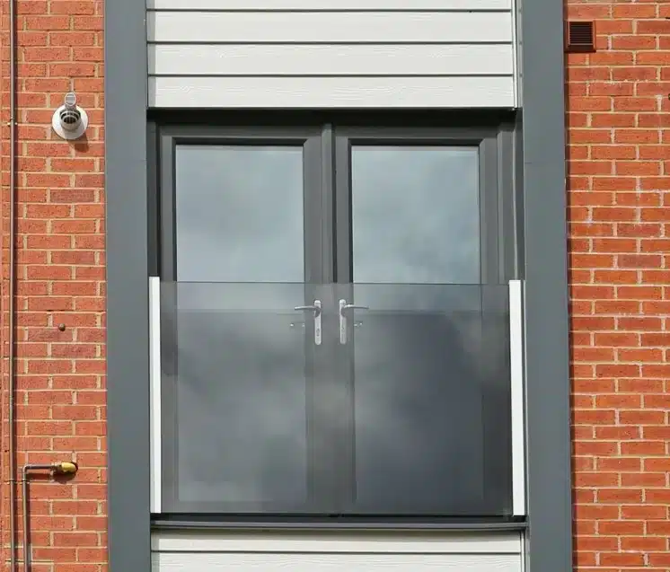 Juliet balcony in front of glass double doors on a red brick building
